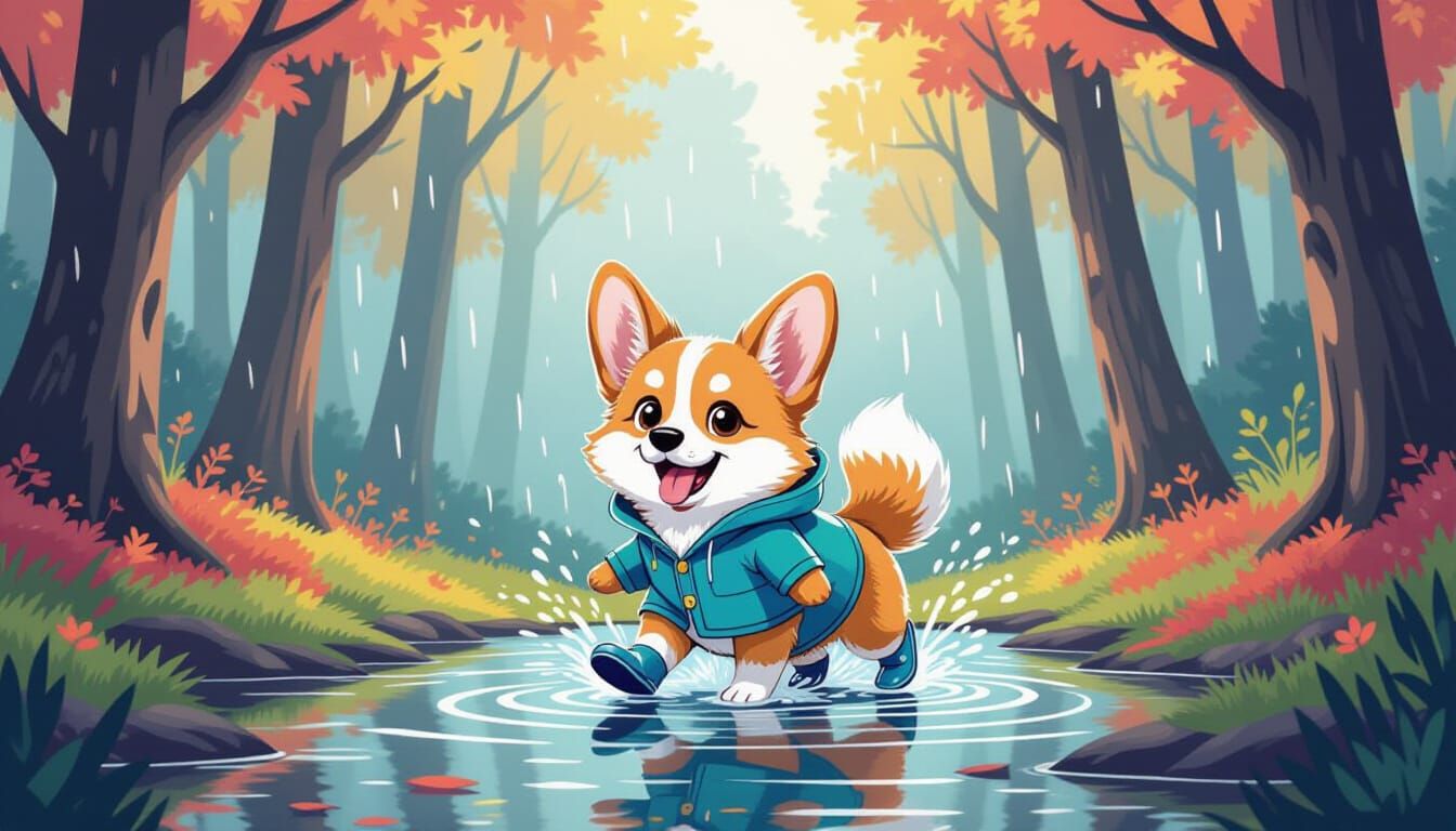 Fluffy Corgi Splashing in Puddles in Foggy Forest Cartoon