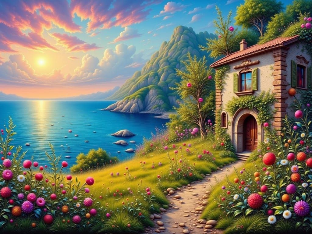 Vivid Italian Villa by the Sea, Impasto Painting