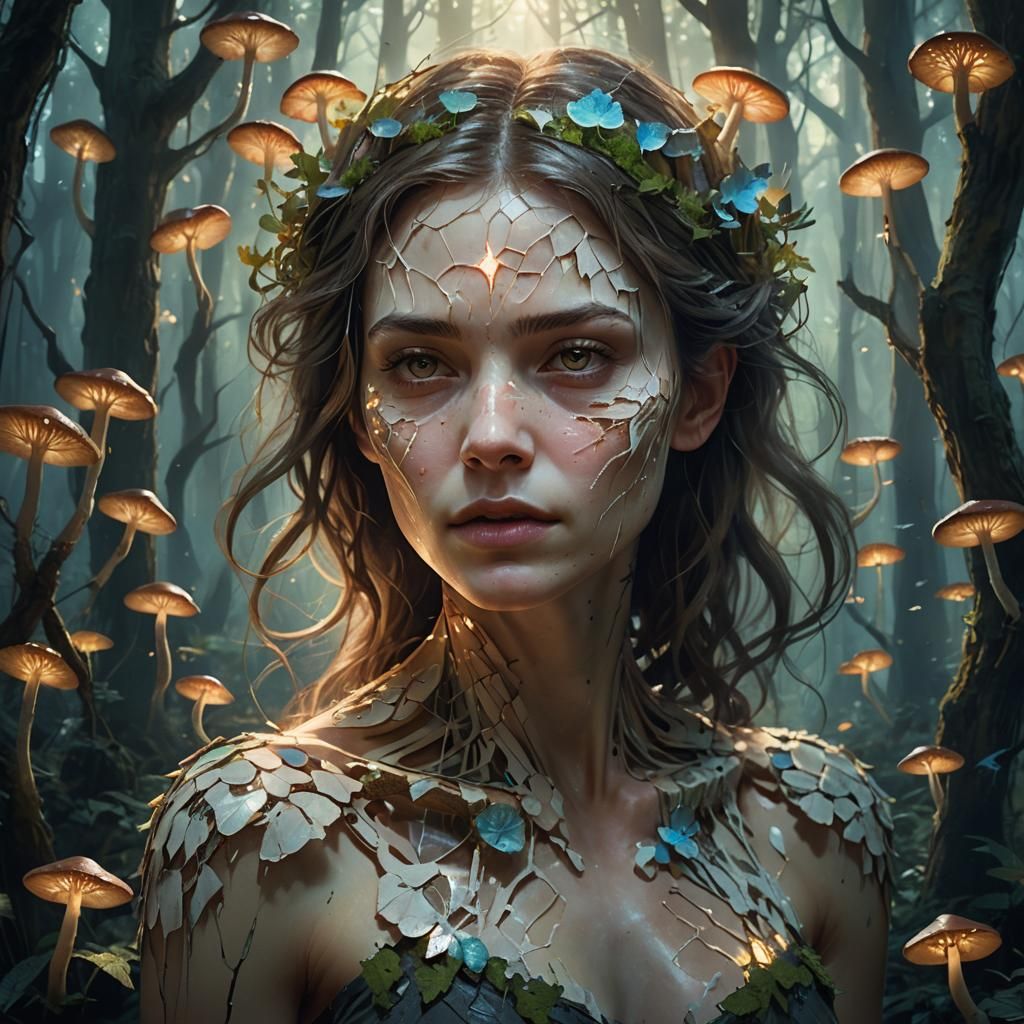 Ethereal Woman Reassembling in Mystical Forest