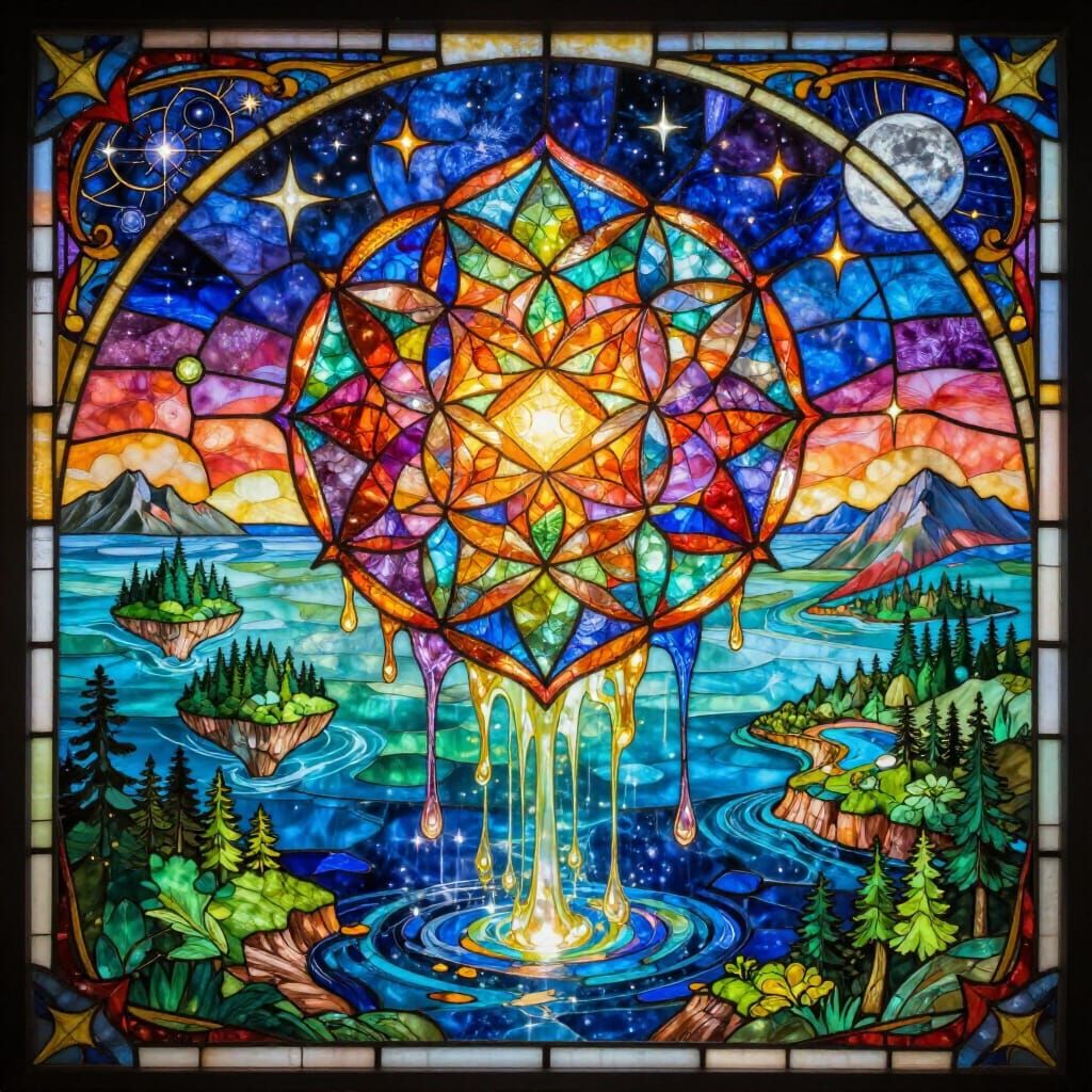 Stained Glass Flower of Life Emblem Dripping Mana Over Cosmi...