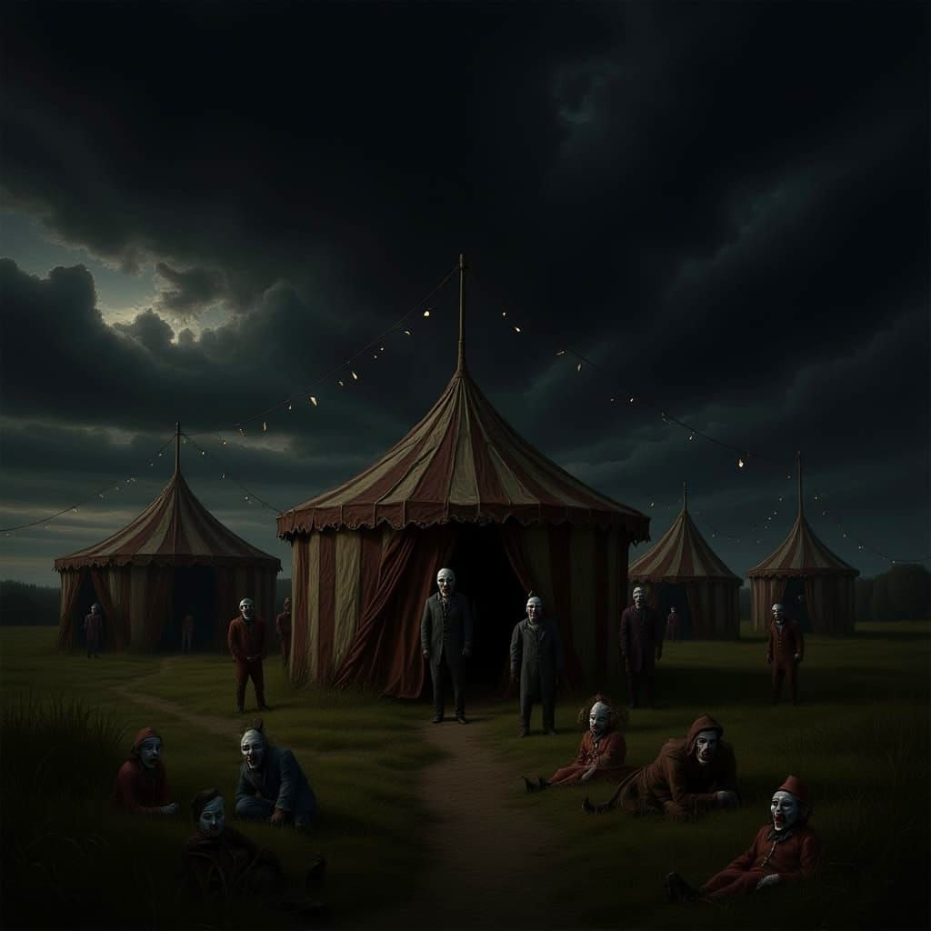 Creepy Circus Ghost Clowns in Dark Fantasy Oil Painting