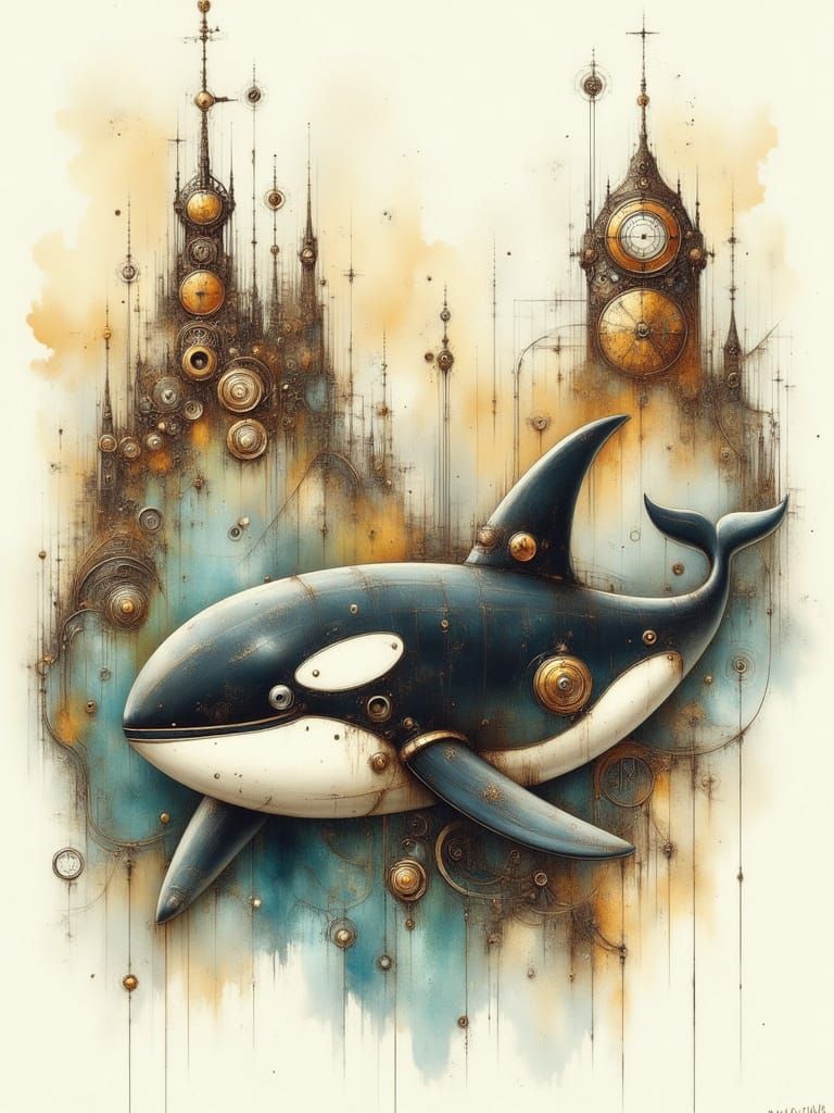 Whimsical Steampunk Orca Whale in Watercolor Elegance