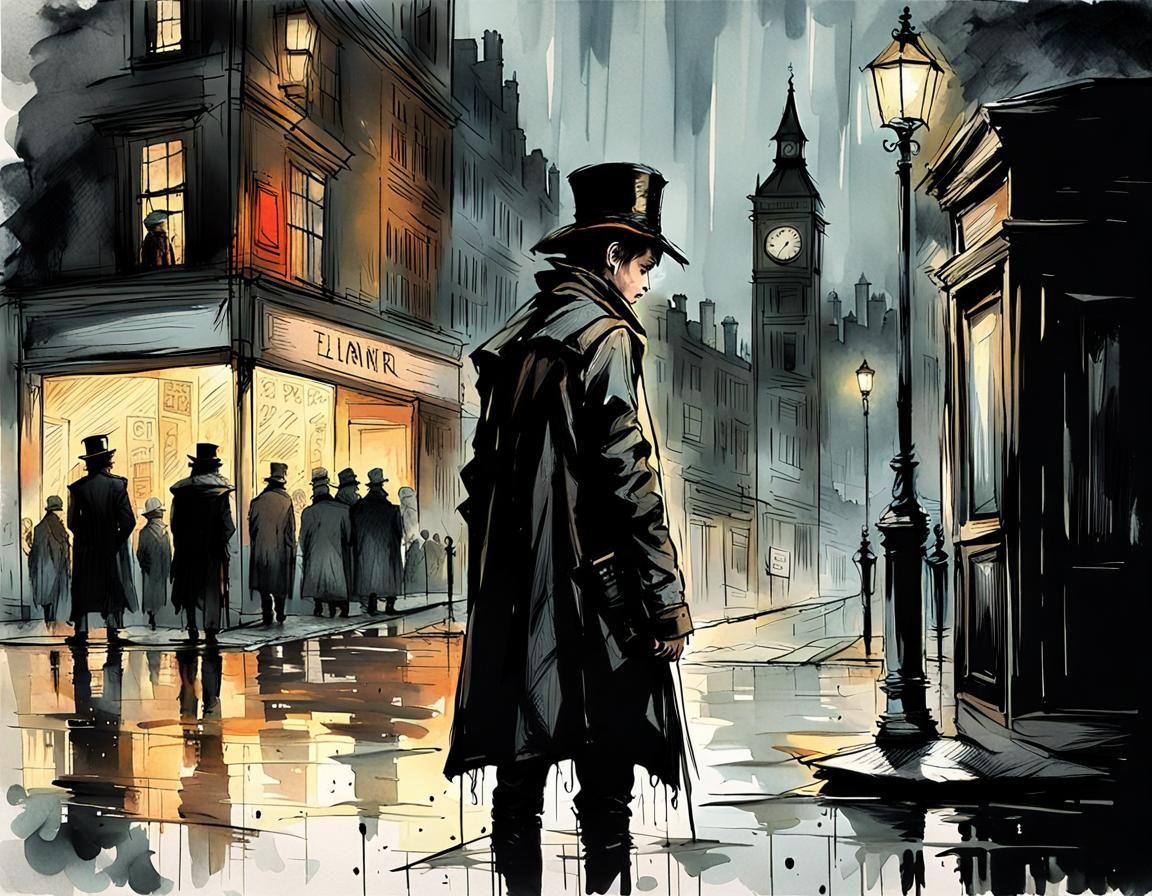 Victorian Boy in Rainy London: Gothic Illustration