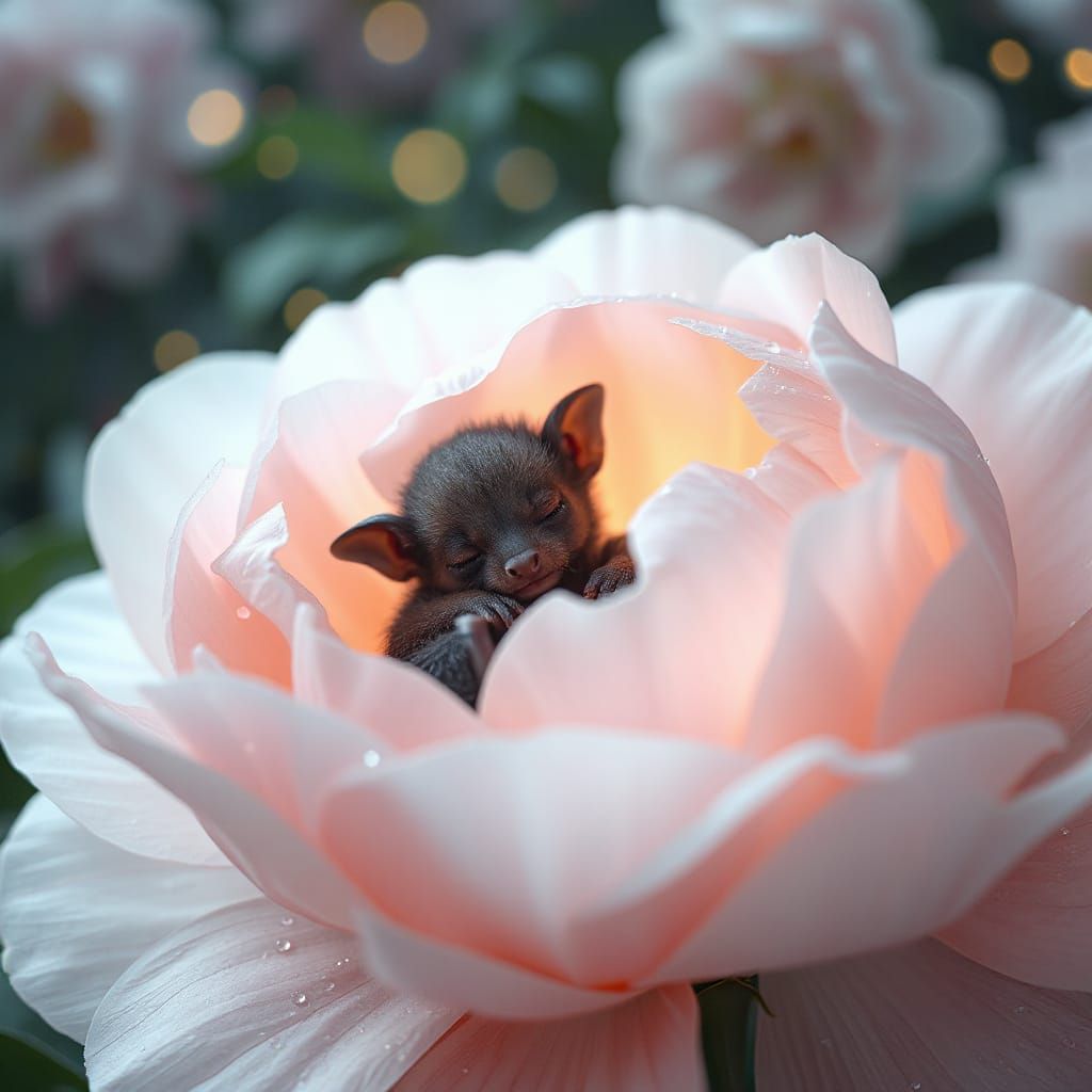 Baby Bat Sleeps in Giant Peony Petals
