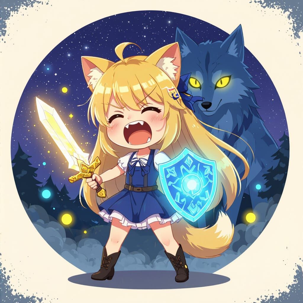 Chibi Catgirl Warrior with Glowing Dagger and Shield