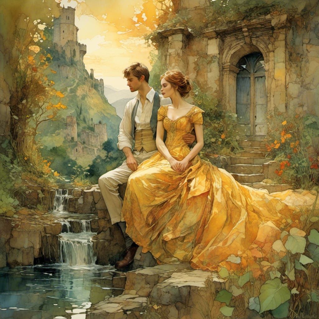 Regal Couple in Castle Landscape, Fantasy Art
