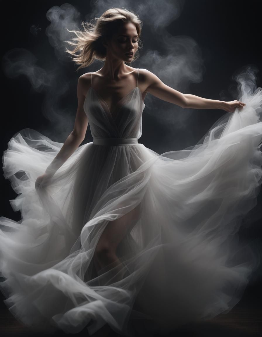Dramatic White Tulle Dress on Black Background