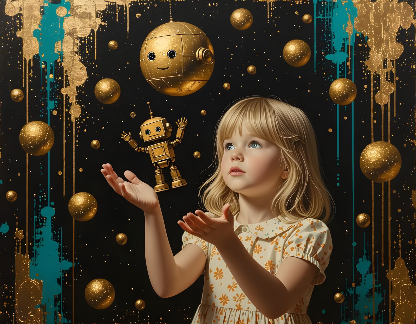 Childlike Drawing of Girl and Gold Robot