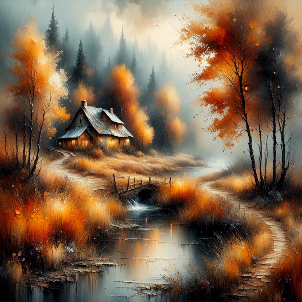 Ethereal Autumn Village in Watercolor Painting