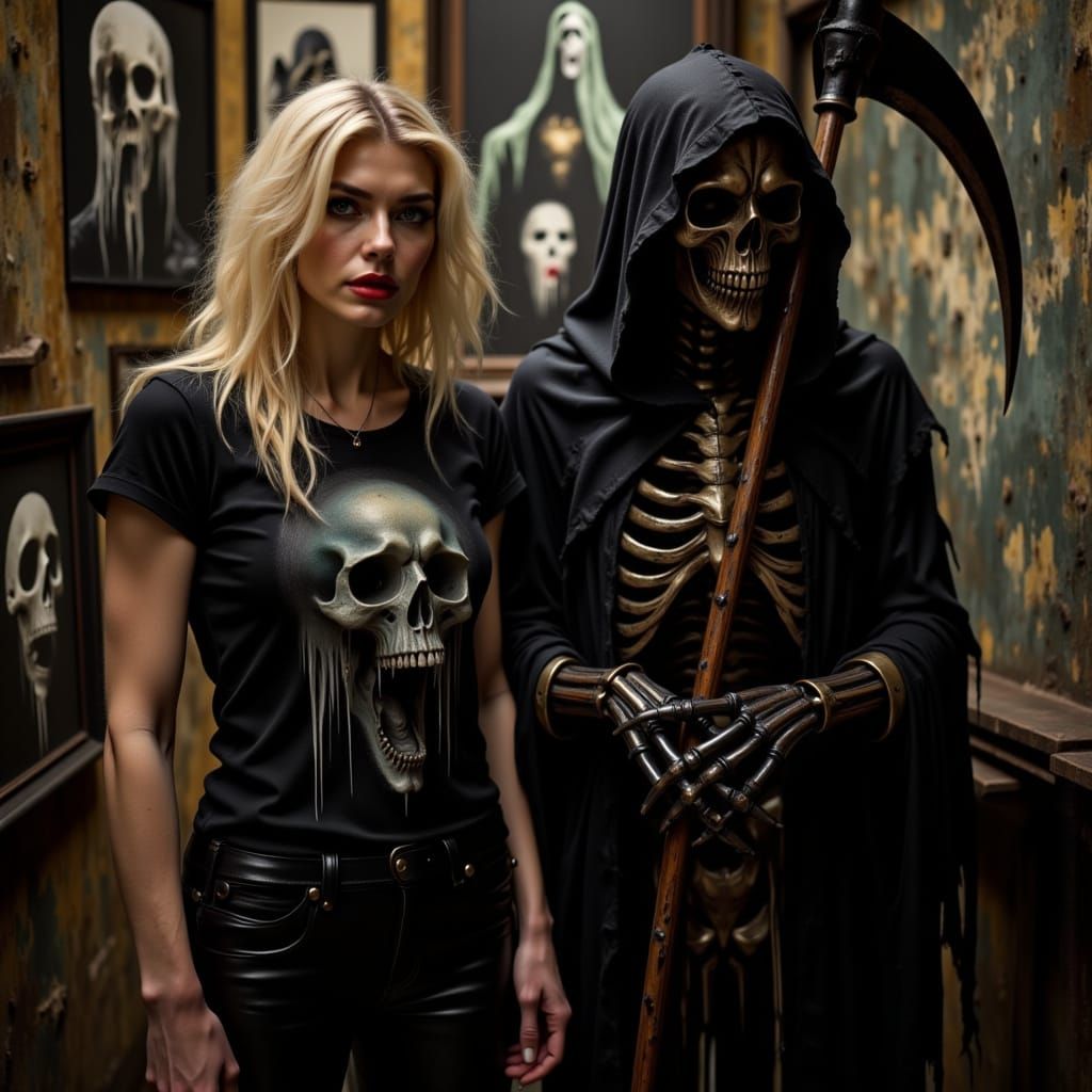 Grim Reaper and Blonde Model at Art Gallery in Dark Fantasy ...