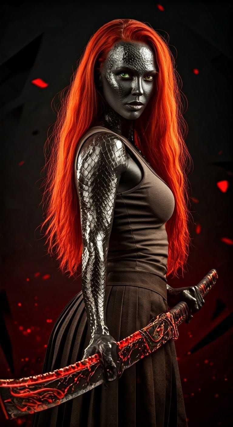 Red-Haired Warrior Woman with Samurai Sword