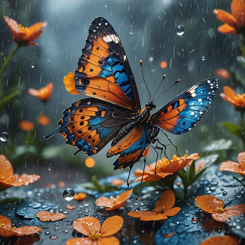 Butterfly on Flower Petal in Rainy Fantasy Landscape