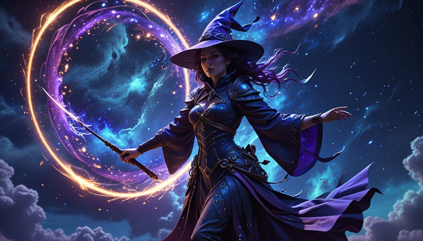 Futuristic Witch Flies Through Night Sky