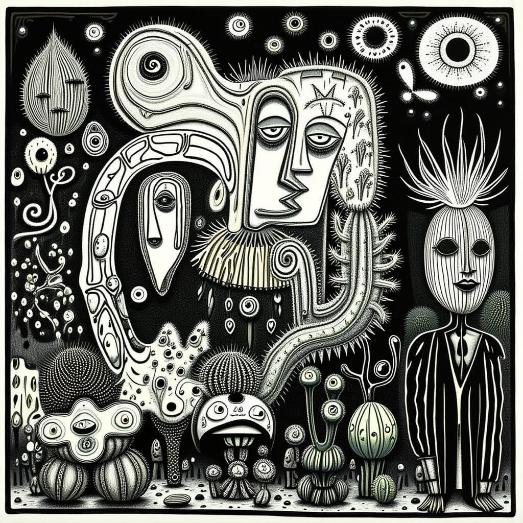 Art Nouveau Figures in Black and White Inkwork