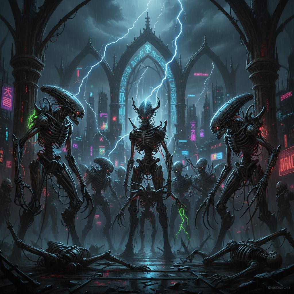 Horror Alien Robots in Neon Cyberpunk Style