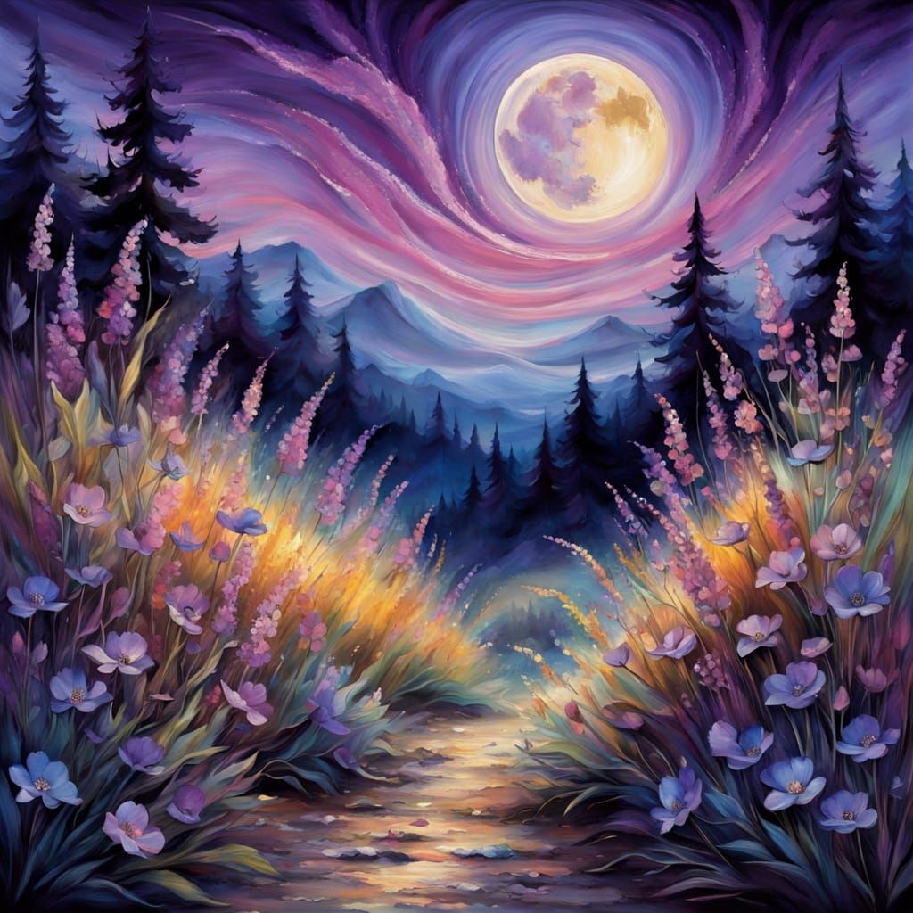 Whimsical Wildflowers under Iridescent Moonlight in Folk-Art...