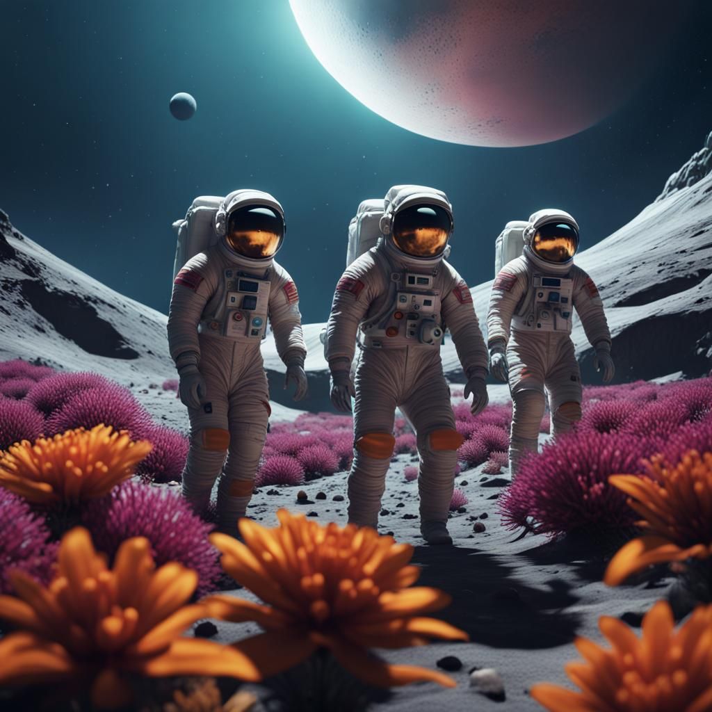 Astronauts Tend Flowers on the Moon