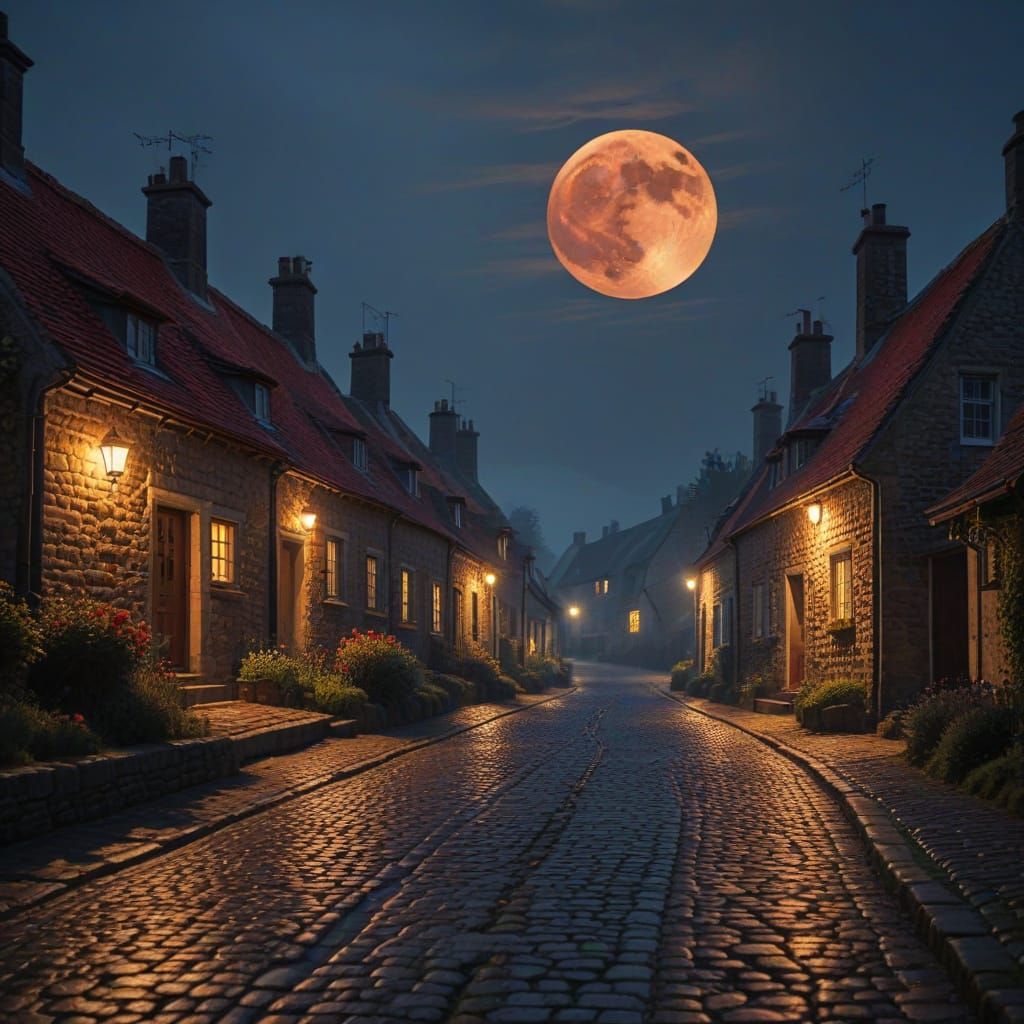Red Moonlit Village in Oil Painting Style