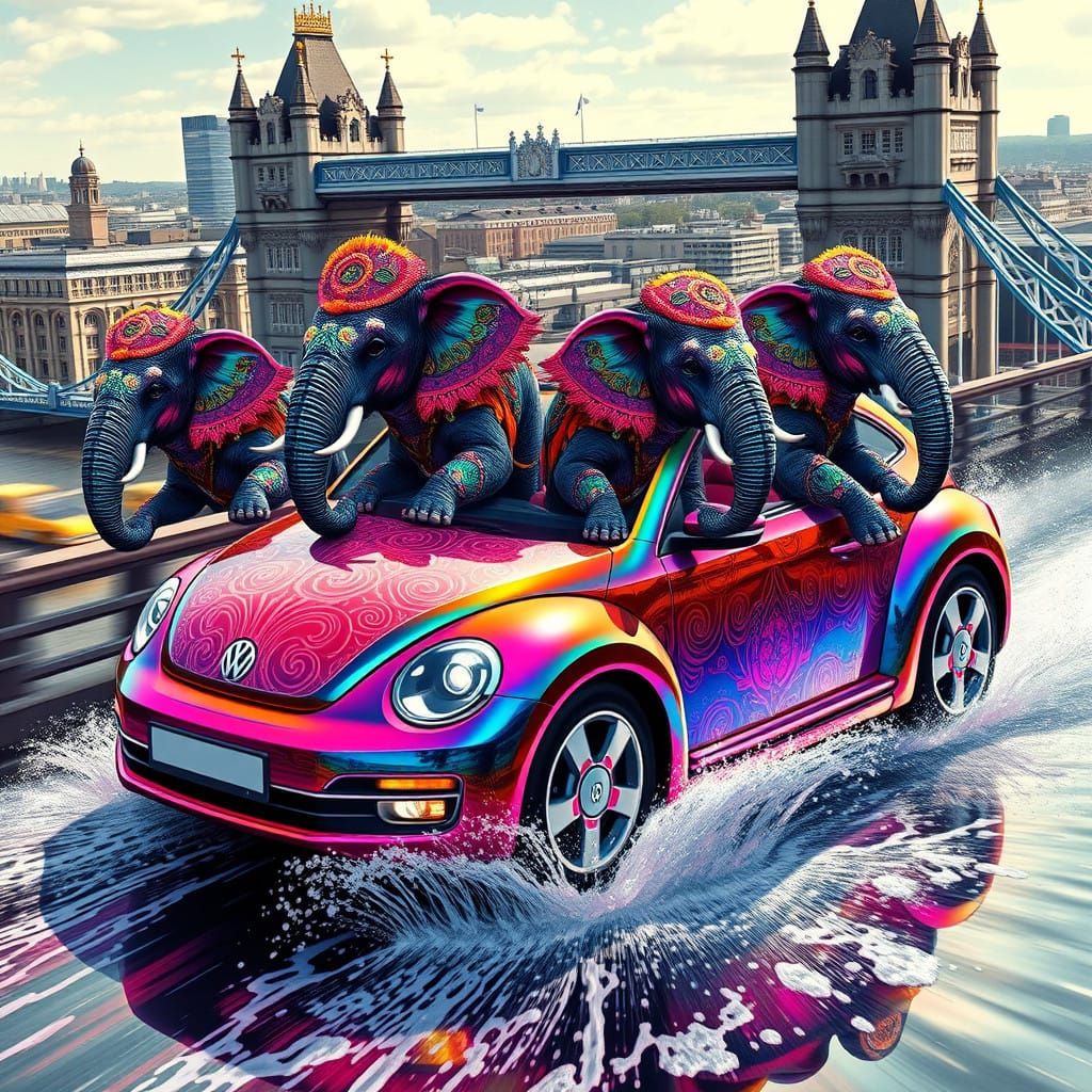 Vibrant Elephants Cruise Over London Bridge in Holographic B...