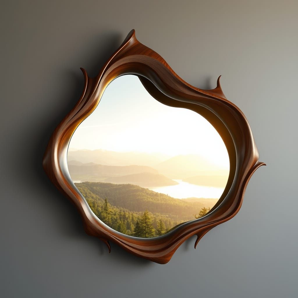 Futuristic Nature Mirror with Organic Frame and Realistic Re...