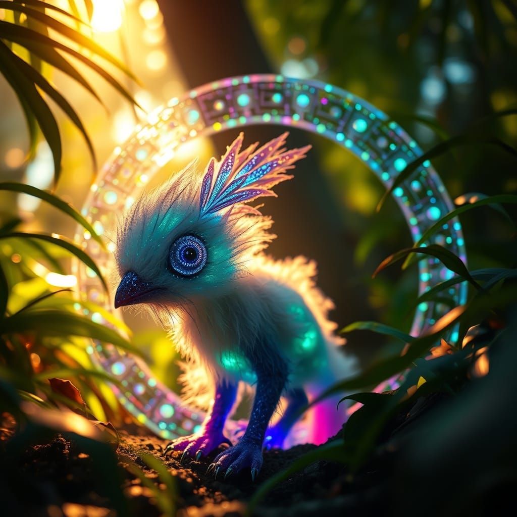 Bioluminescent Creature Enters Holographic Portal in Lush Fo...