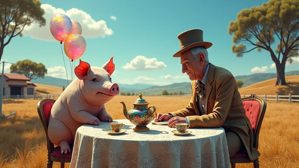 Tea with a Pig: Whimsical Realism in Open Paddock