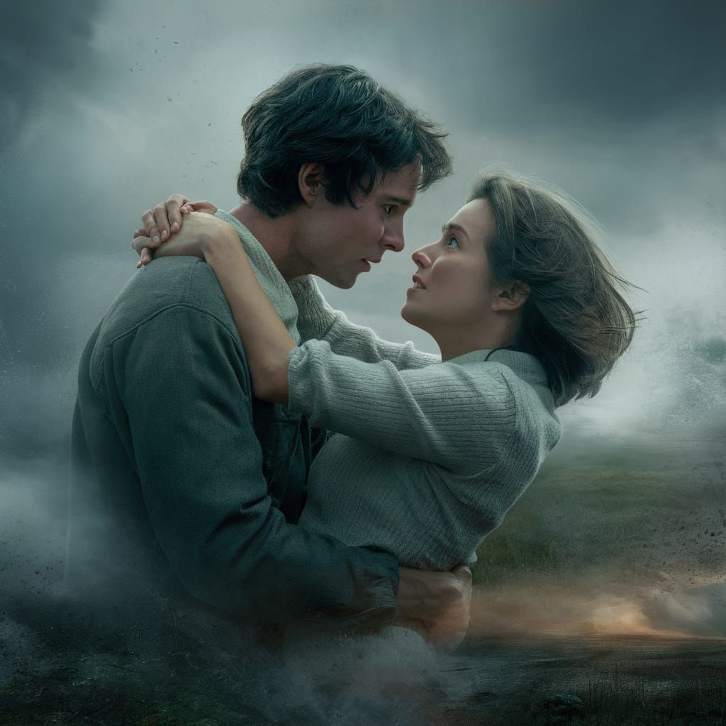 Passionate Lovers Embrace in Dreamlike Storm