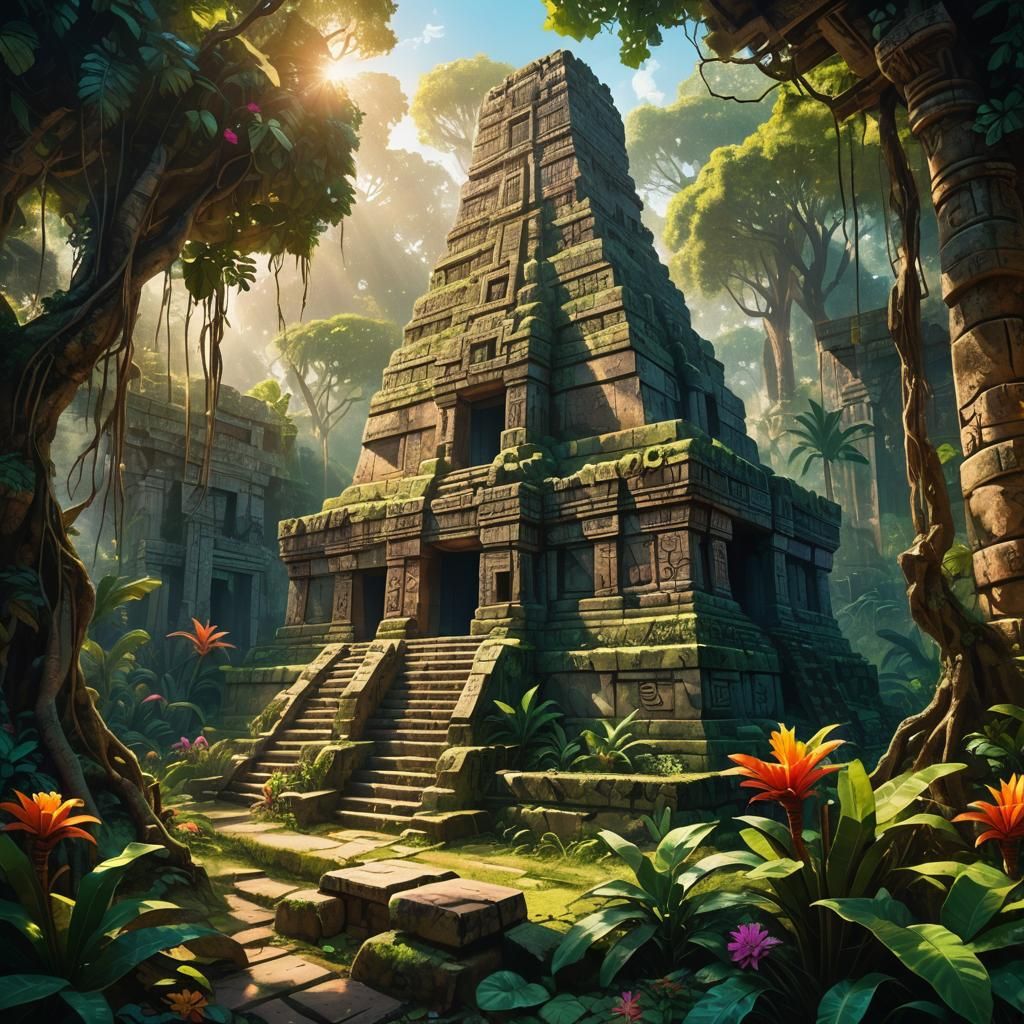 Aztec Temple Reclaimed: A Lush Oil Painting