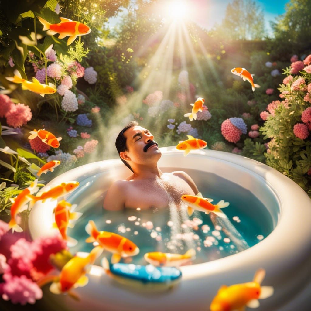 Freddie Mercury in a Magical Garden Jacuzzi