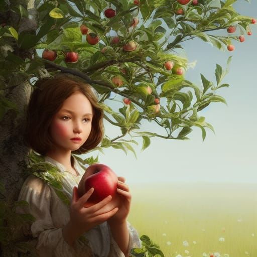 Girl by Apple Tree: Detailed Digital Painting