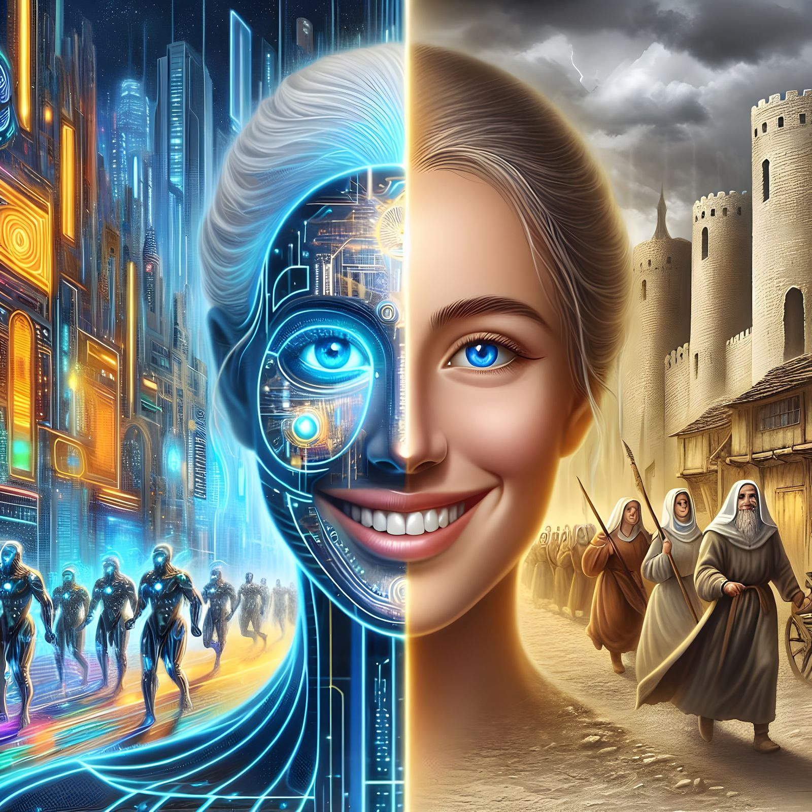 Timeless Goddess Embracing Contrasting Eras in Cyberpunk and...