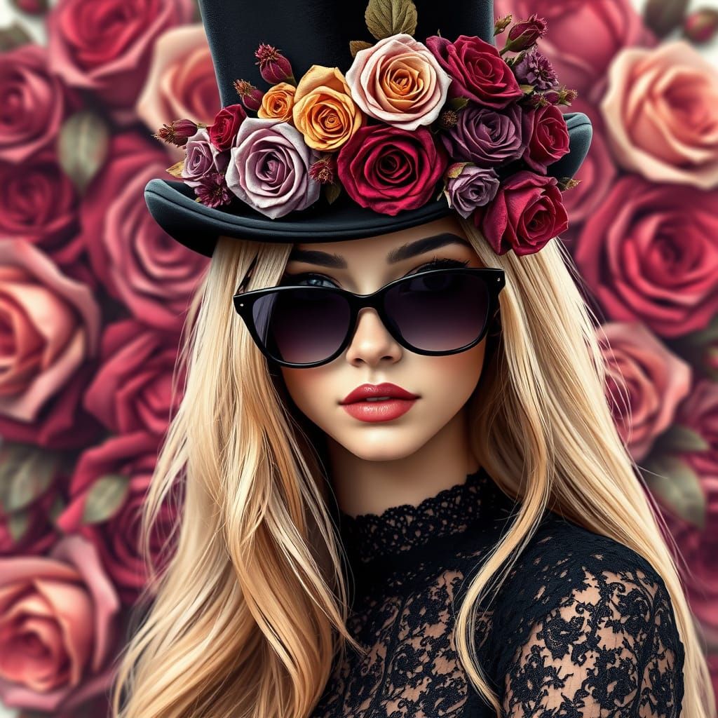 Elegant Young Woman in Whimsical, Rose-Tinted Splendor