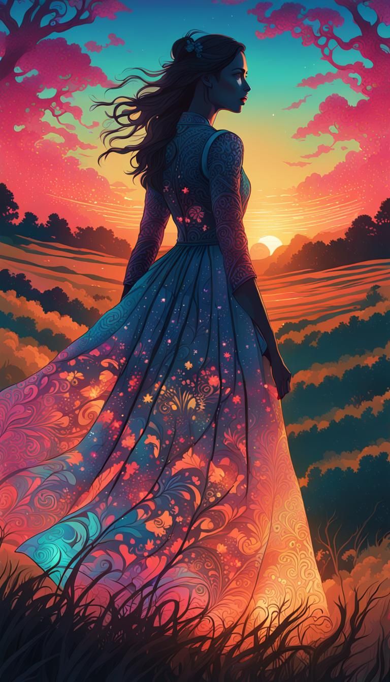 Neon Silhouette Portrait in Floral Filigree