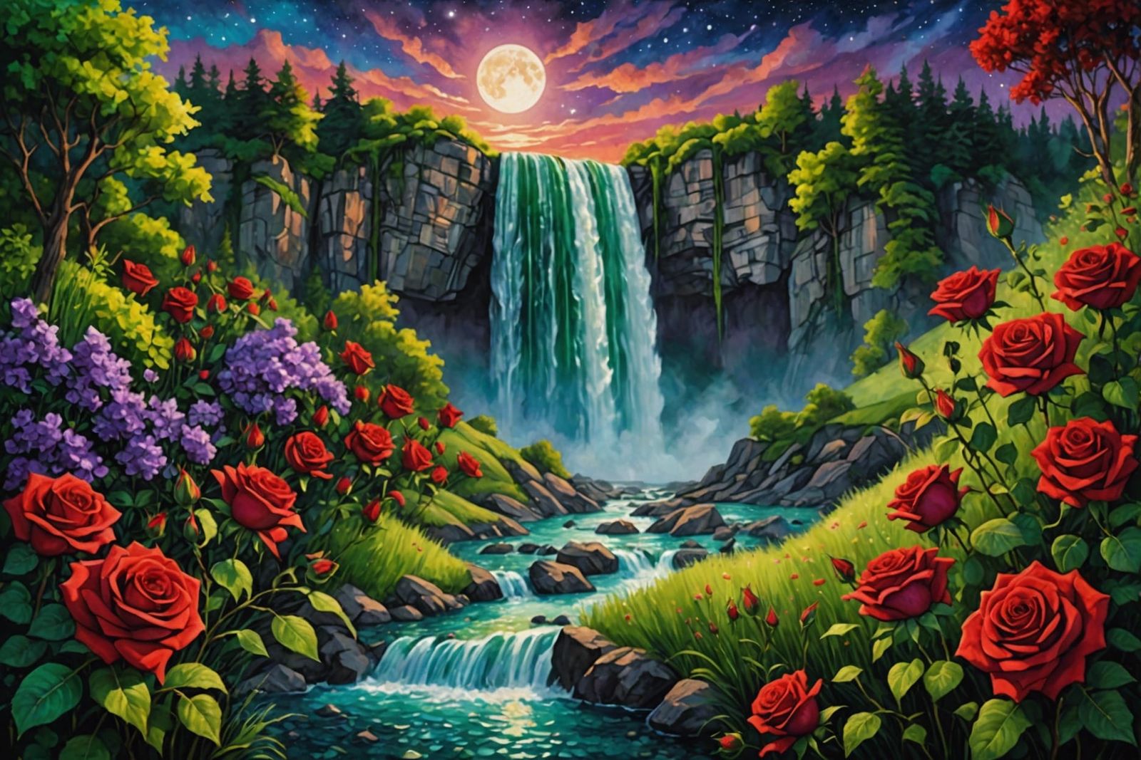 Waterfall Illustration with Mosaic and Watercolor Details