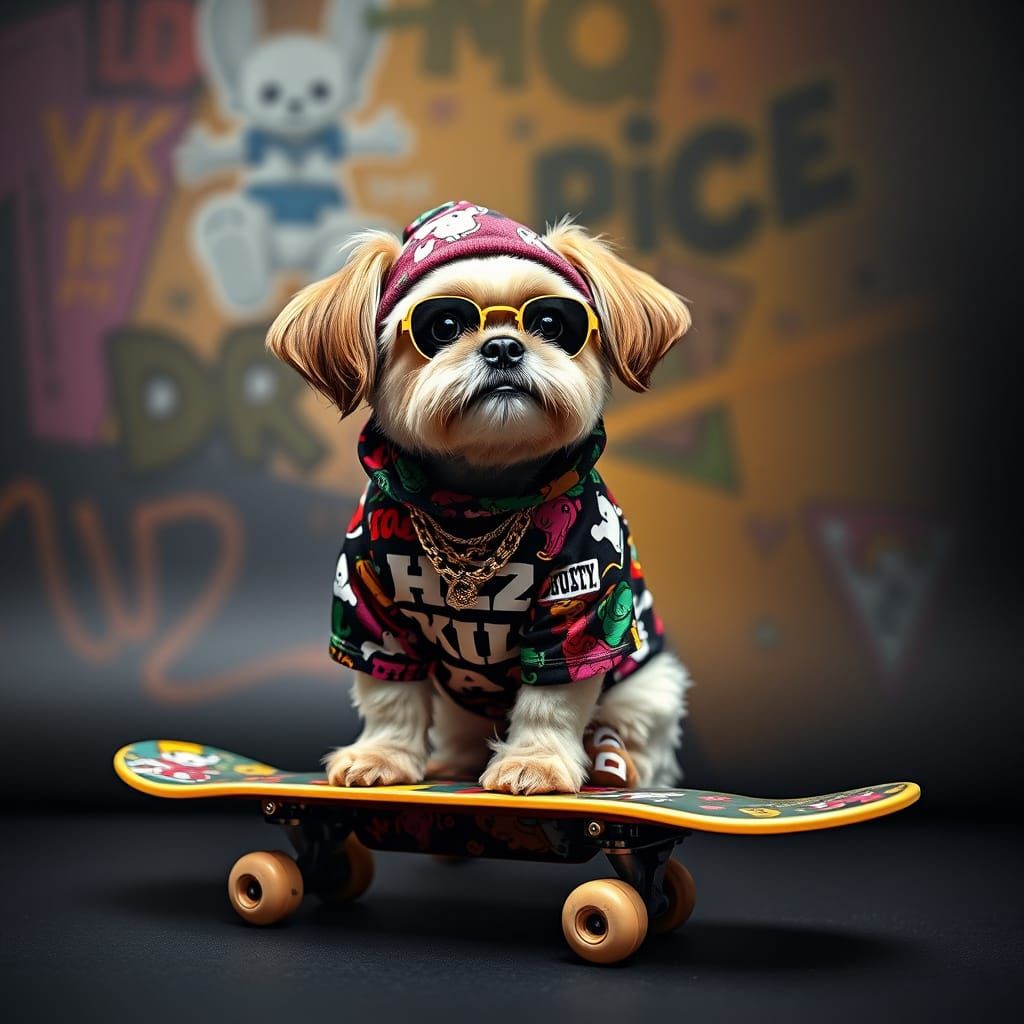 Gangster Shih Tzu on Skateboard, Pop Art Style