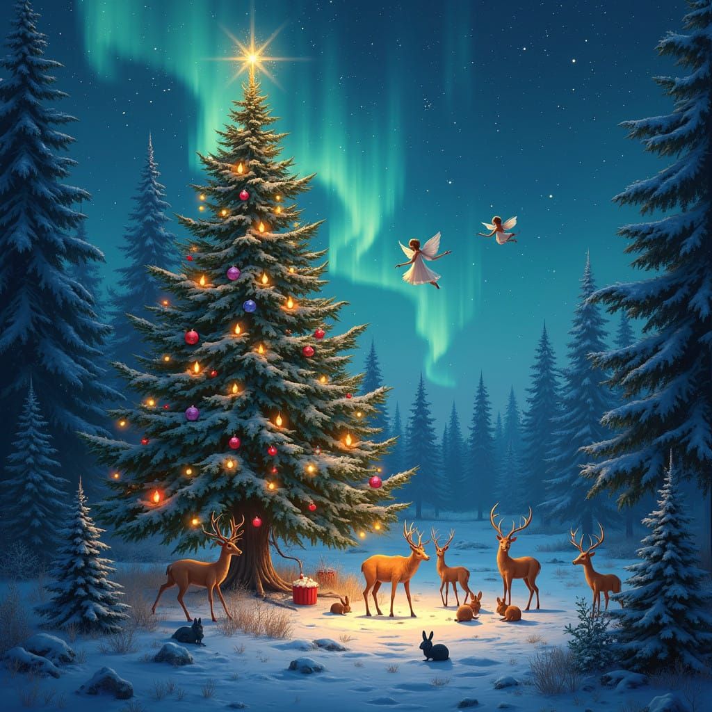 Surreal Christmas Wonderland under Northern Lights with Cele...