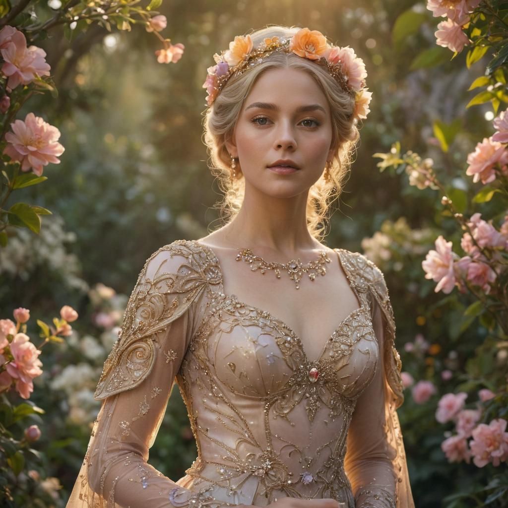 Regal Woman in Lush Garden, Art Nouveau Portrait