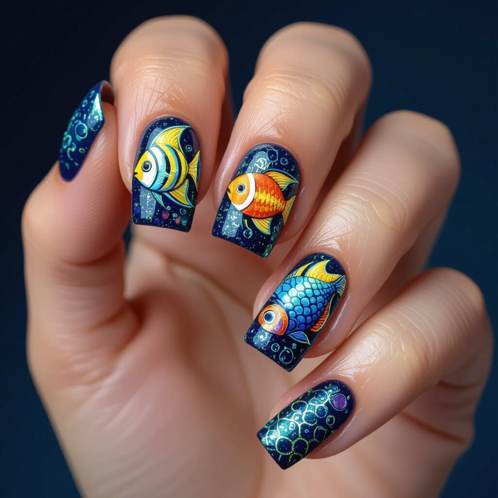 Ocean Nail Art: Surreal Fish Design Close-Up