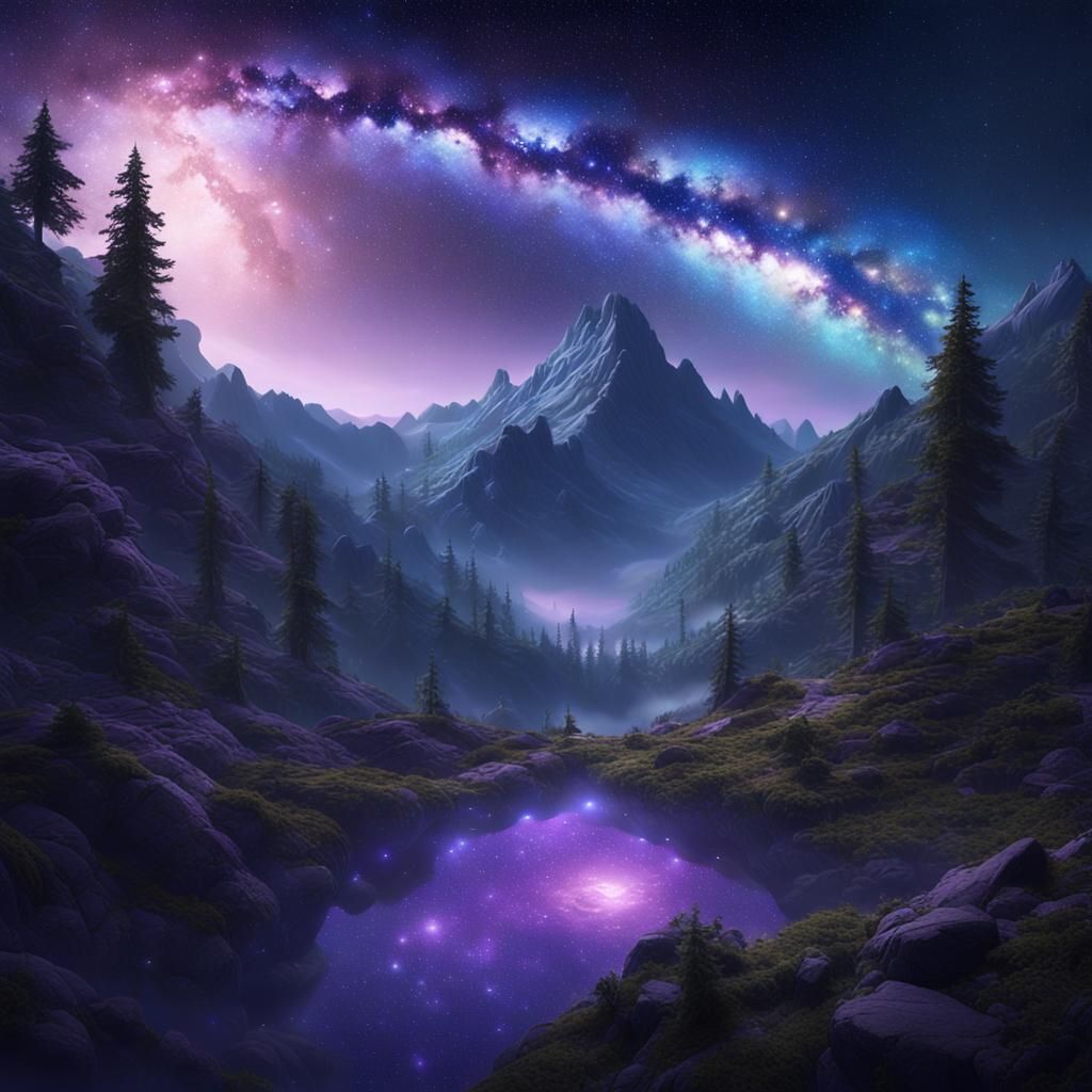Fantasy Milky Way Over Mountains and Forest