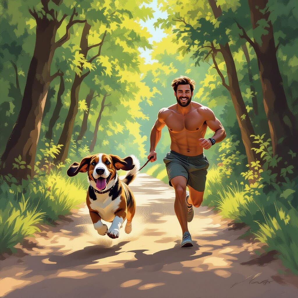 Joyful Basset Hound and Owner Running in Forest