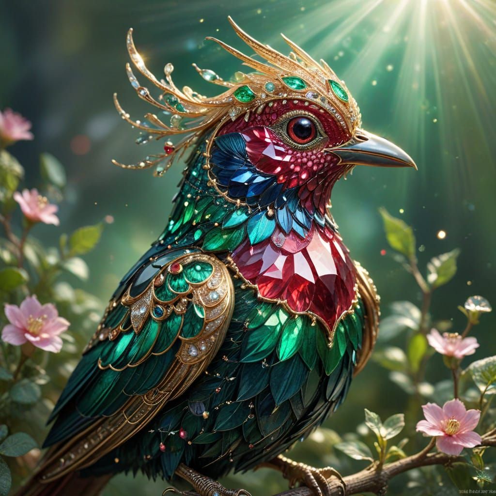 Sparkling Ruby and Emerald Bird Portrait with Golden Filigre...