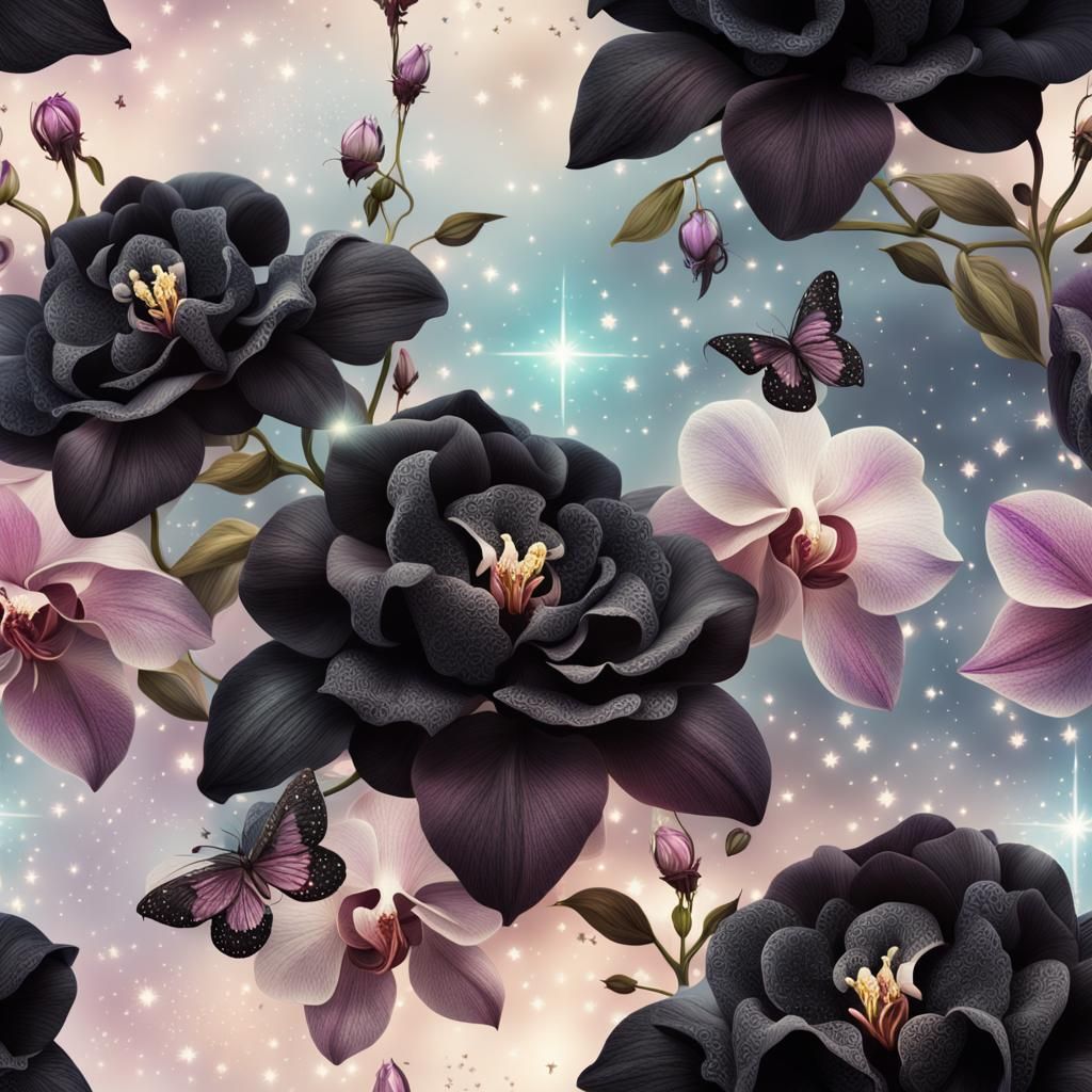 Lace Orchids and Black Roses with Stars