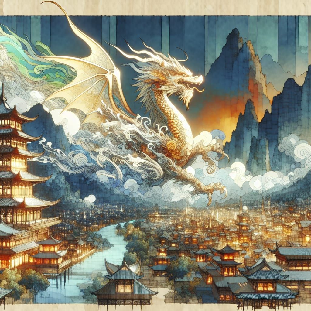 Dragon soars over Asian-Inspired Fantasy Village in Watercol...