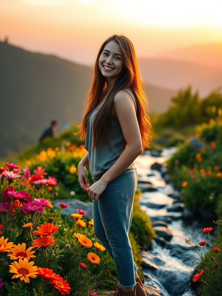 Woman at Sunrise on Mountain Overlooking Garden