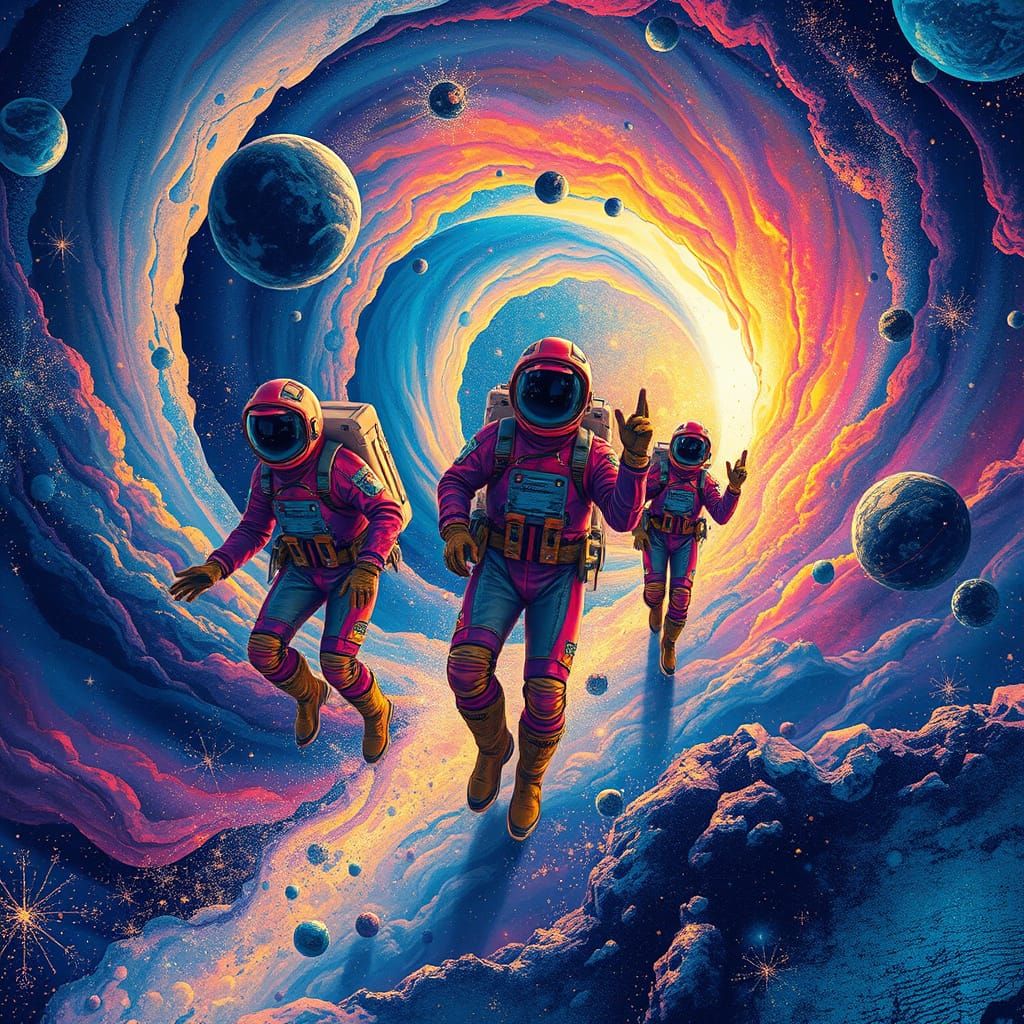 Cosmic Explorers in Shamanic Holographic Illustration