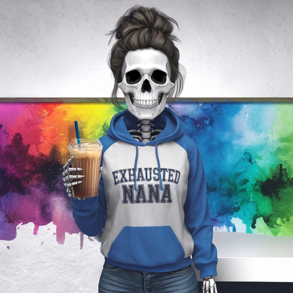 digital art image of a messy bun skeleton, facing the camera...