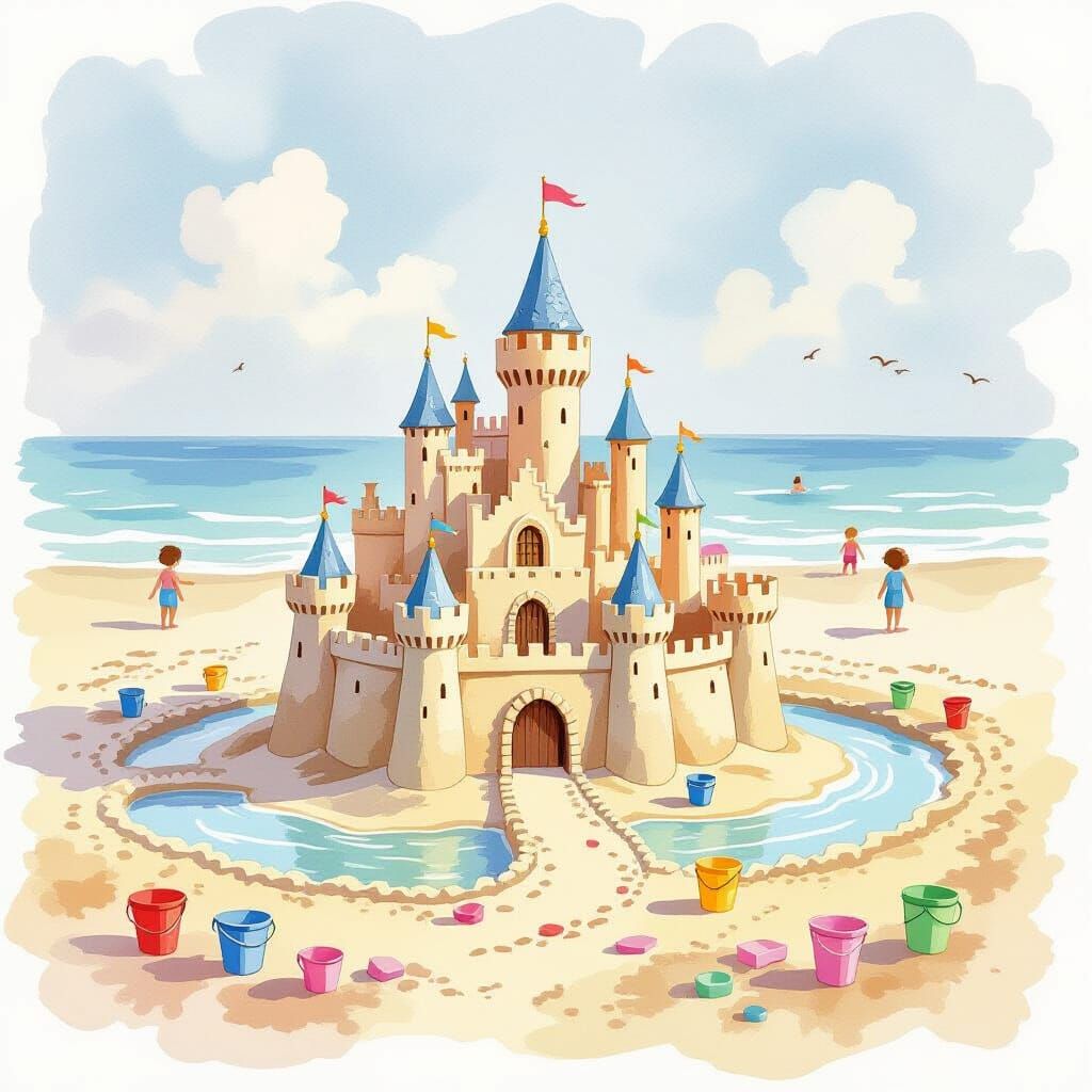 Beach Sandcastle Scene in Watercolour Style