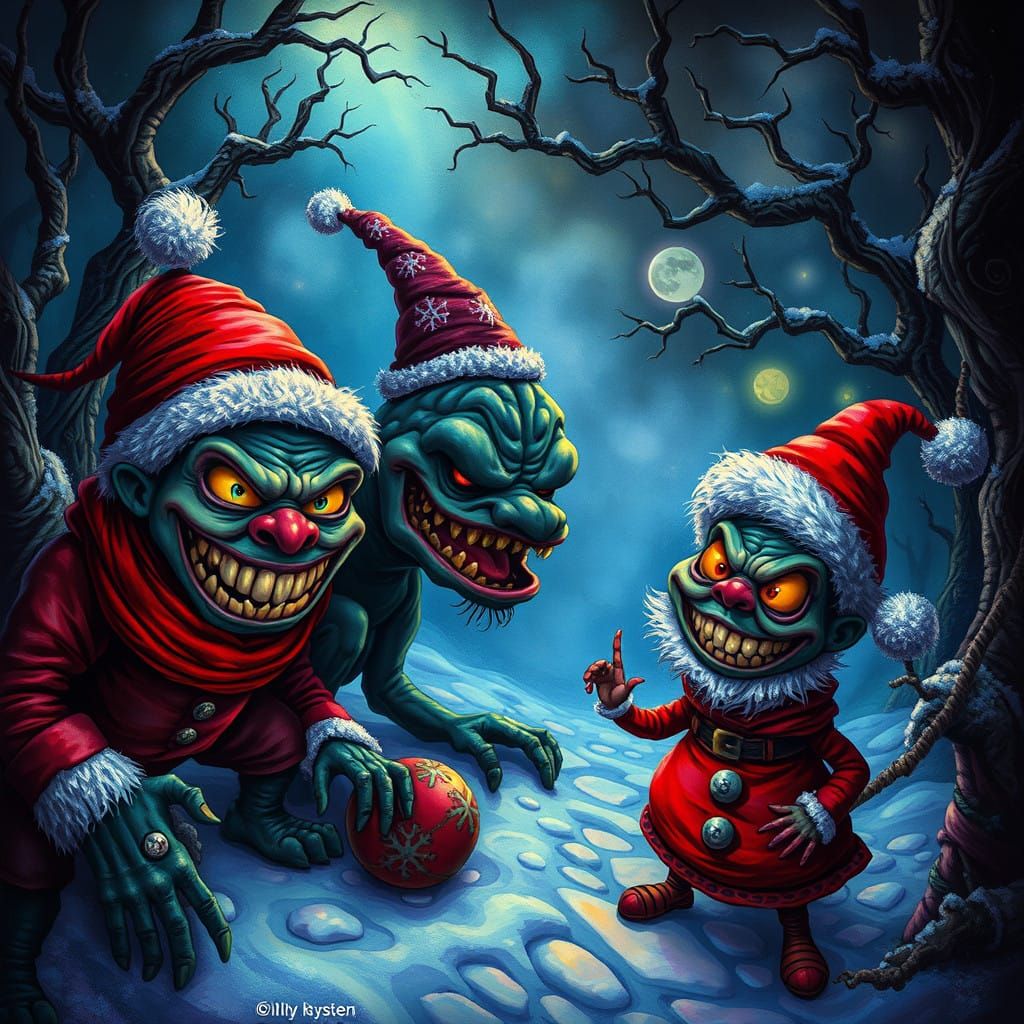 Twisted Holiday Beings in Dreamlike Winter Wonderland