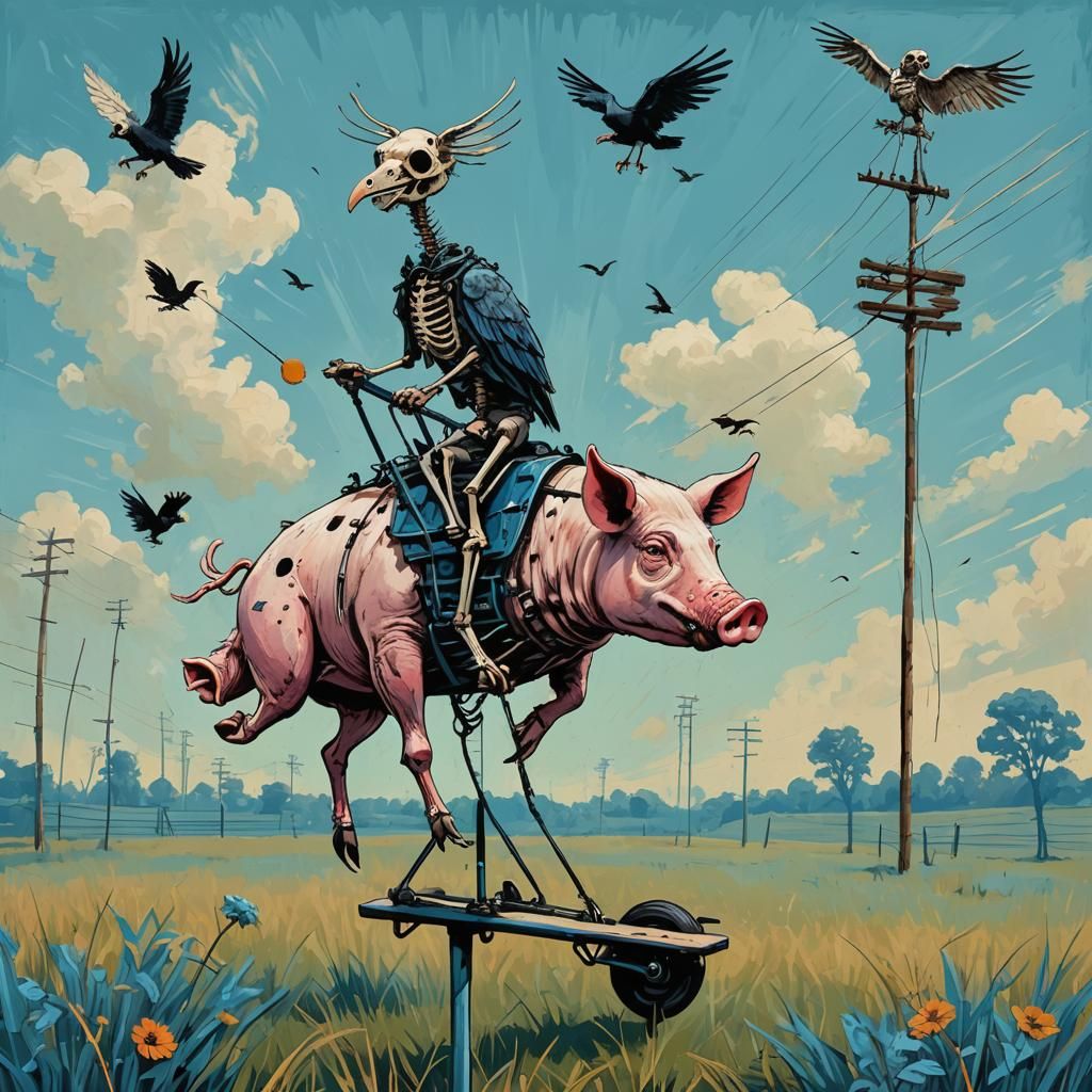 Surreal Pig-Fly Hybrid on Pogo Stick