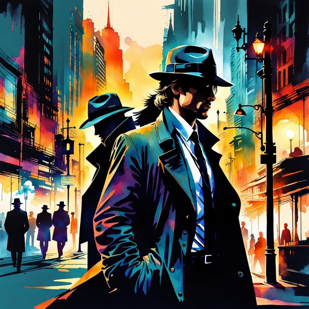 Noir Detective in Sunset Cityscape: Digital Watercolor